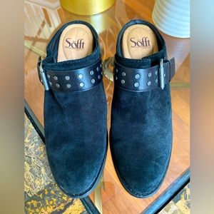 Sofft Womens Adena Black Heel Mule Brown Suede Buckle Strap Accent 7M like new !